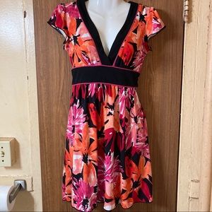 Pink and Red V-Neck Floral Dress
